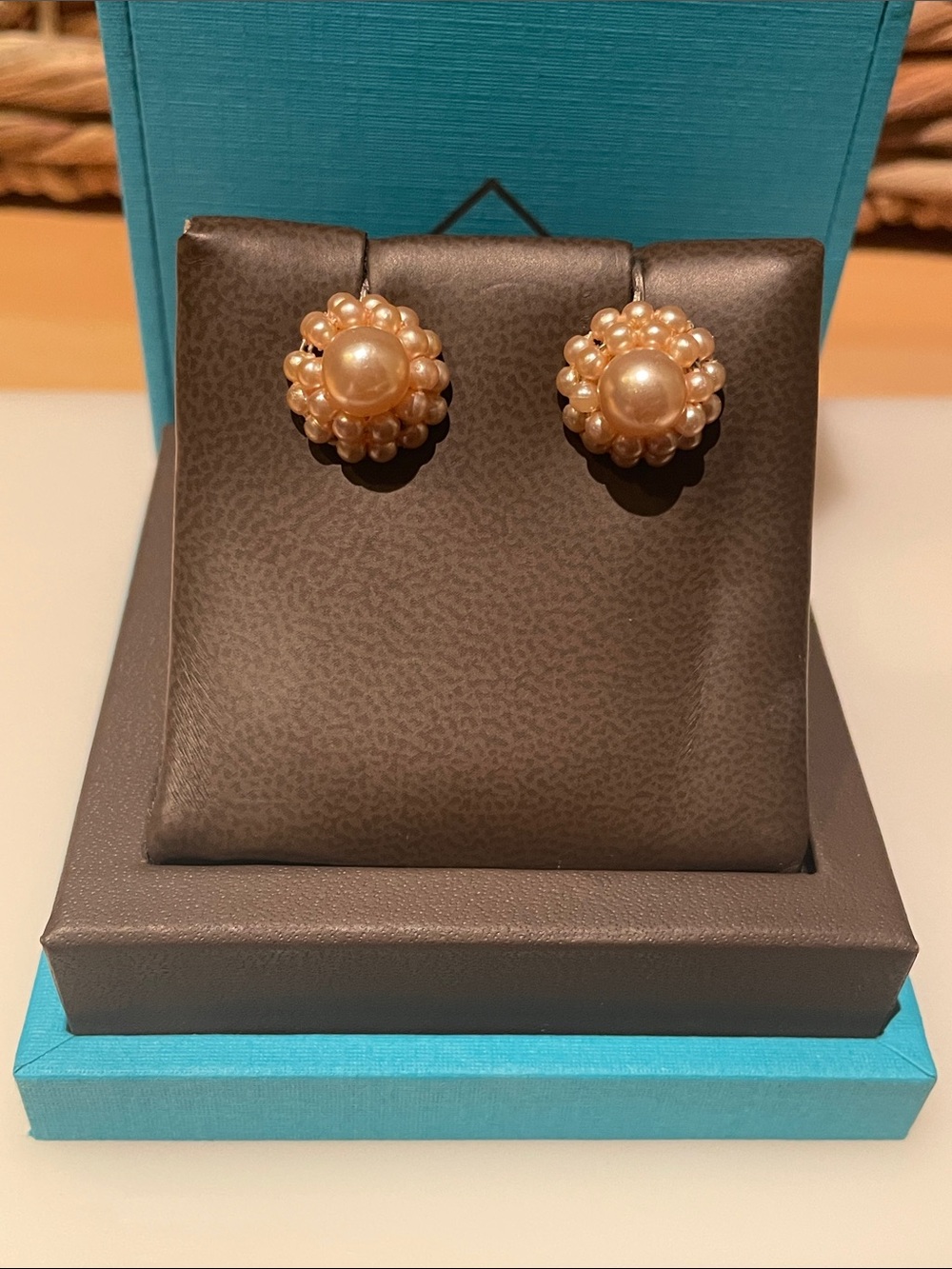 Vintage Triad Pearl Cluster Button Earrings Champagne Pearl